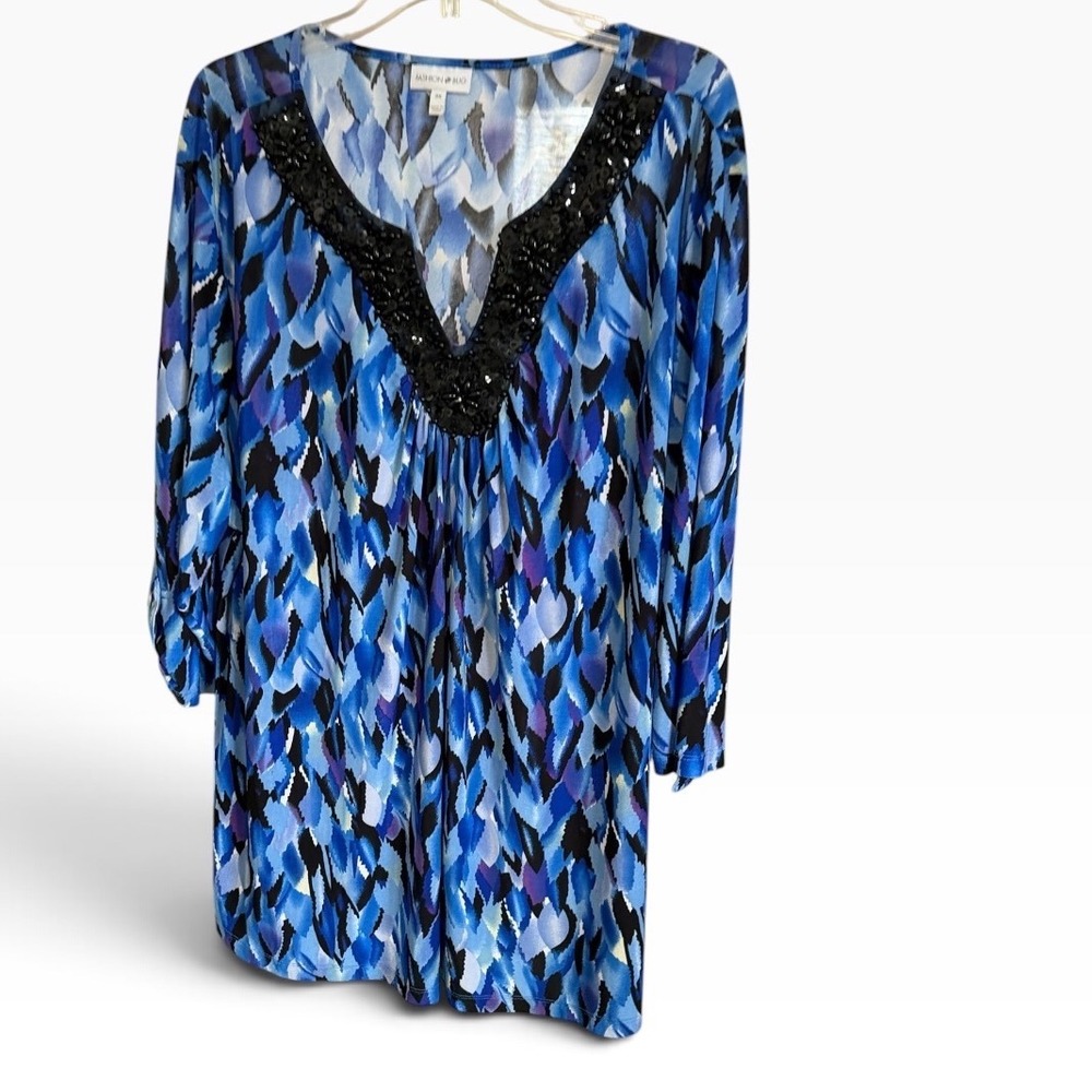 Fashion Bug Tunic Women 3X Blue Abstract Sequin V-Neck Boho Bling 3/4 Sleeve Top